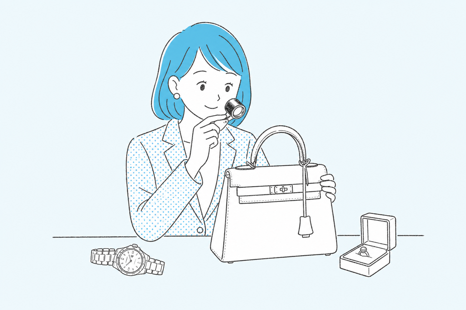 査定士がブランドバッグを丁寧に査定するイラスト